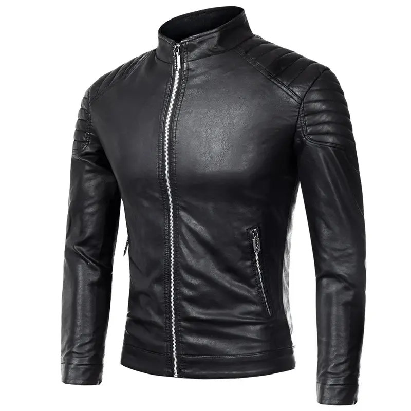 Men Stand Collar Slim Fit PU Leather Jacket Casual Coat
