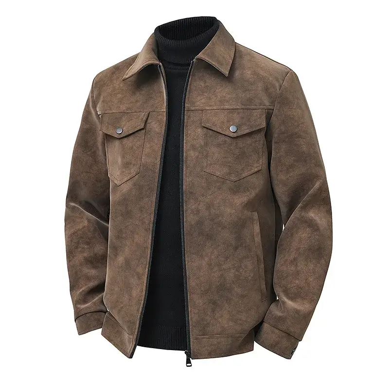 Casual Loose Fit Leather Jacket Men's Vintage Trendy Stand Collar Outerwear Fashion Coat
