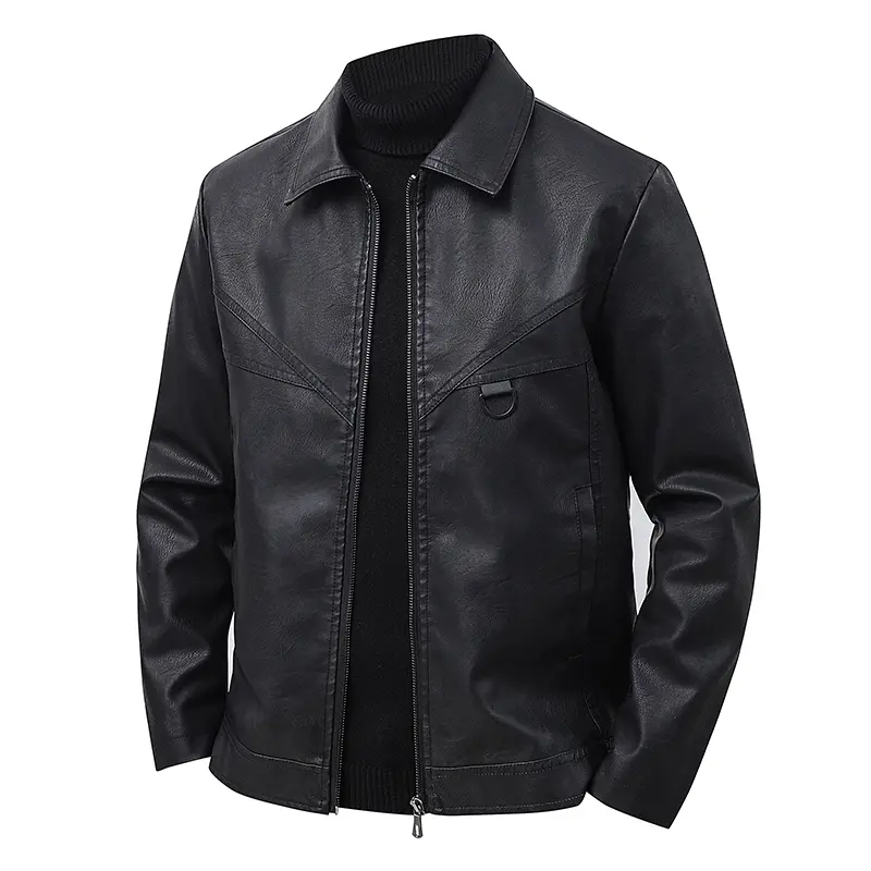 Men’s Fashion Slim Lapel Leather Jacket Retro Business Style Leather Coat