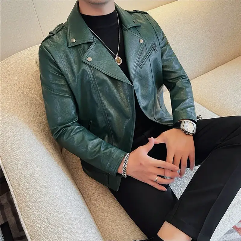 Men Vintage Oblique Zipper Slim Fit Leather Jacket Outwear