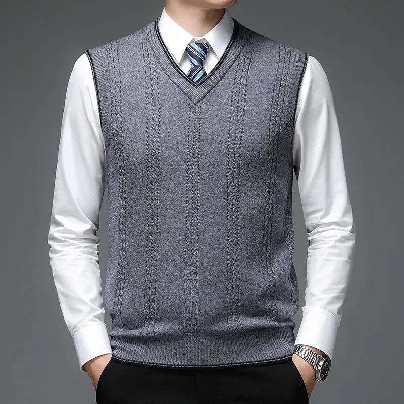 Men's Solid V-Neck Pullover Knit Vest Trendy Sleeveless Casual Sweater