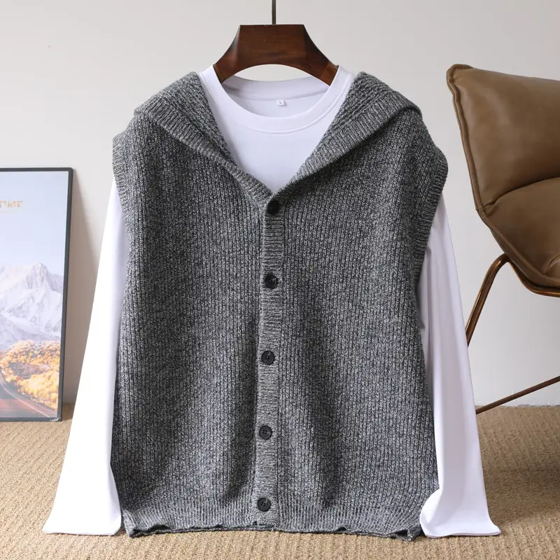 Men's Hooded Knitted Vest Loose Fit Sleeveless Cardigan Solid Color Wool Jacket