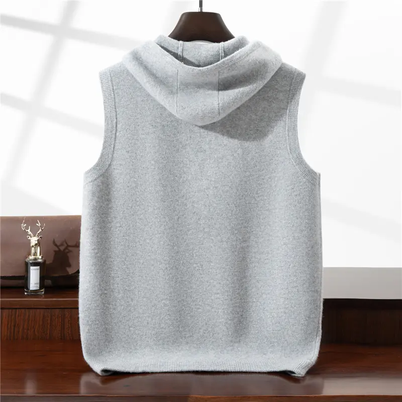 Men's Thick Warm Pure Wool Hooded Vest Zipper Cardigan Casual Pocket Sweater Jacket