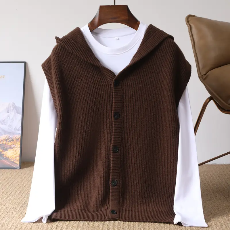Men's Hooded Knitted Vest Loose Fit Sleeveless Cardigan Solid Color Wool Jacket