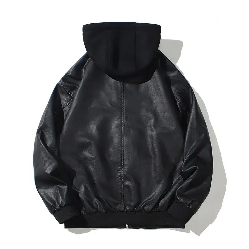 Men Hooded PU Leather Jacket Cotton-Padded Warm Le...