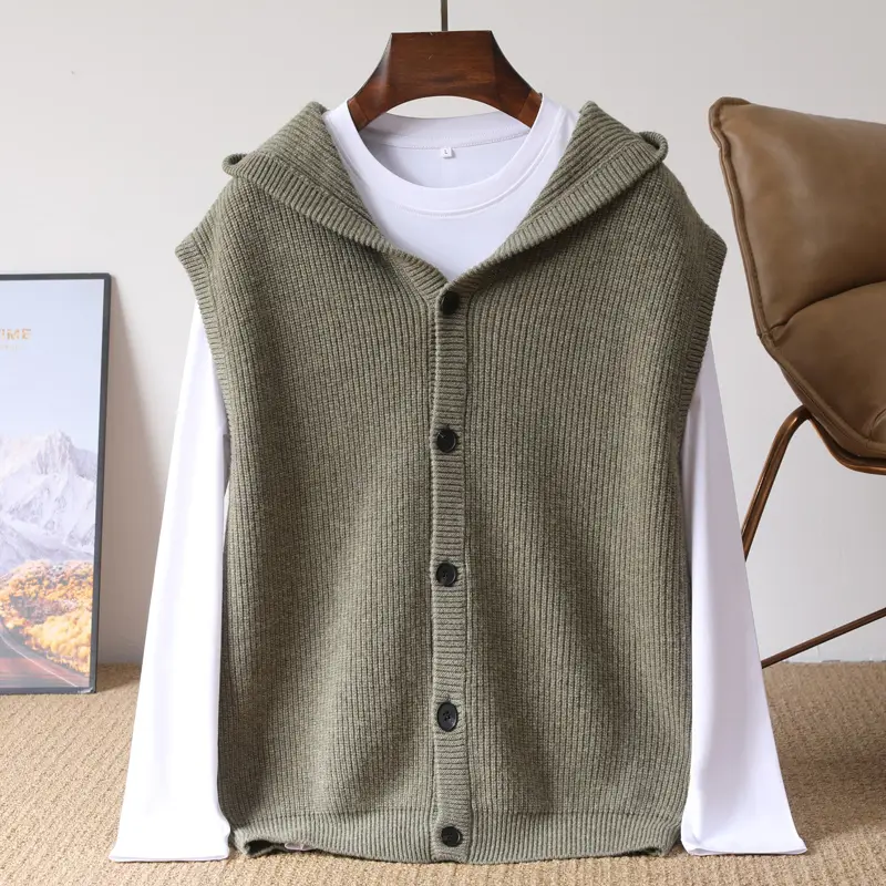 Men's Hooded Knitted Vest Loose Fit Sleeveless Cardigan Solid Color Wool Jacket