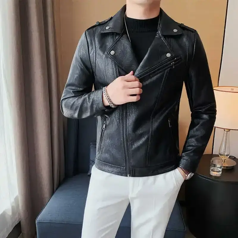 Men Vintage Oblique Zipper Slim Fit Leather Jacket Outwear