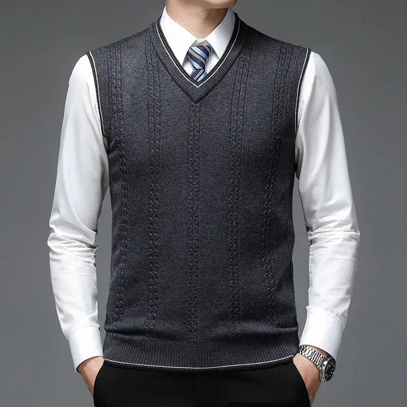 Men's Solid V-Neck Pullover Knit Vest Trendy Sleev...