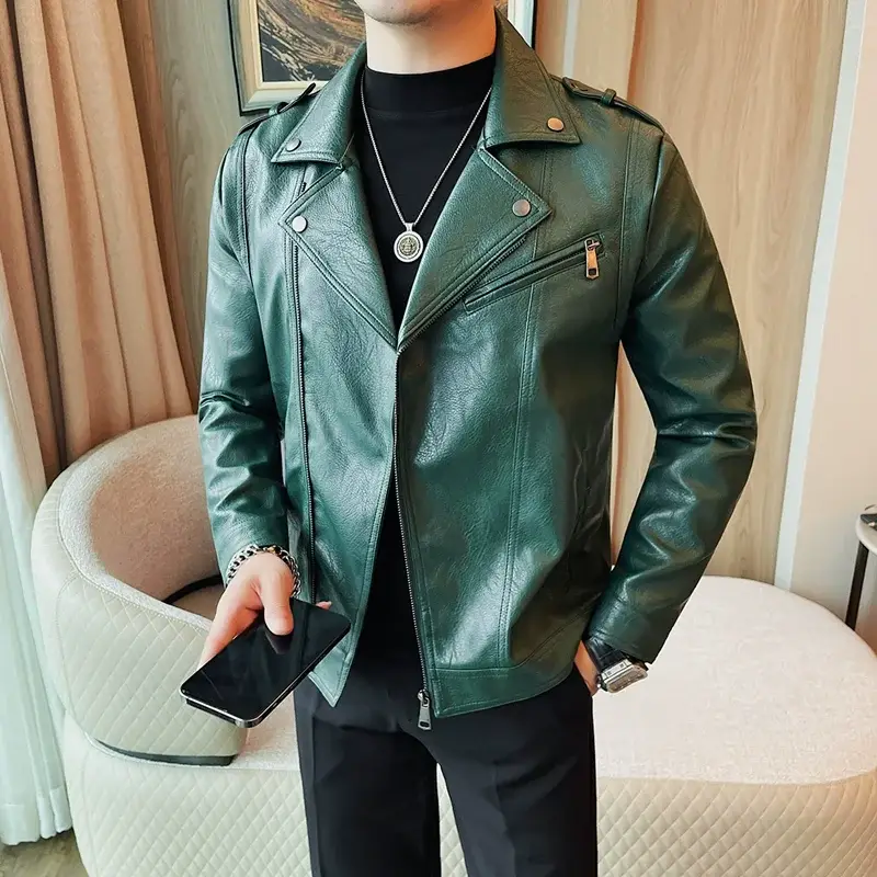Men Vintage Oblique Zipper Slim Fit Leather Jacket...