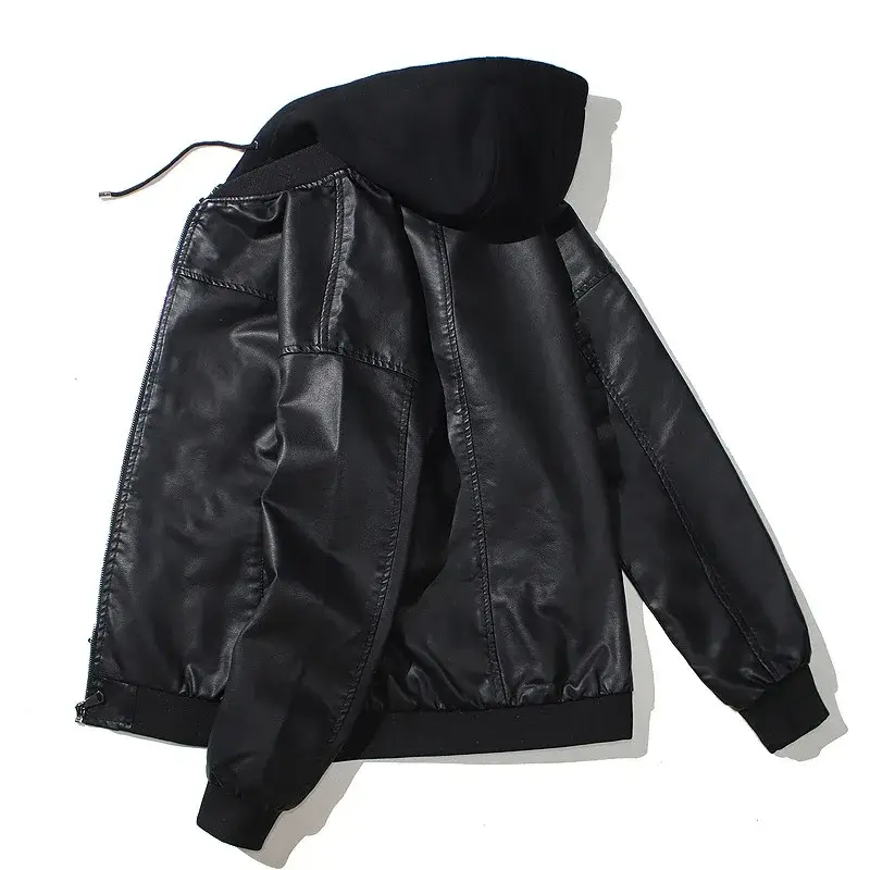 Men Hooded PU Leather Jacket Cotton-Padded Warm Leather Coat