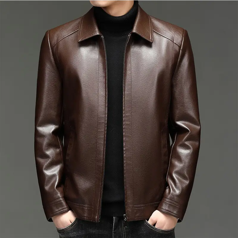 Men’s Business Leather Jacket With Collar Classic Leather Coat