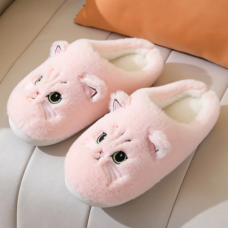 Winter Plush Slippers Cat Pattern House Shoes Cozy Fuzzy Indoor Slippers Non-Slip Home Booties