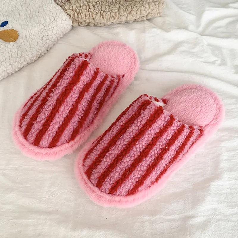 Striped Cotton Slippers Women Comfortable Non Slip Warm Plush Slides Woman Slip On Soft Sole House Shoes Female