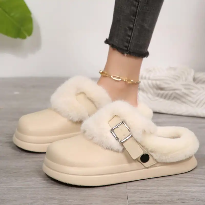 Waterproof EVA Thick Bottom Furry Clogs Women Winter Metal Buckle Fluffy Fur Outdoor Slippers Women's Warm Plush Slippers