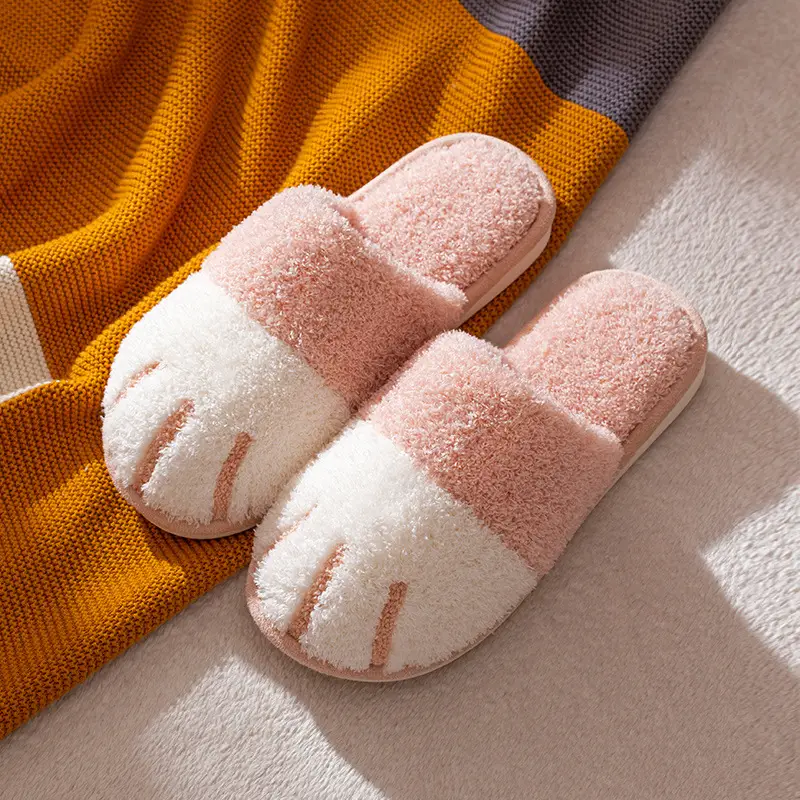 Winter Cute Cat Paw Women Fur Slippers Floor Mute ...