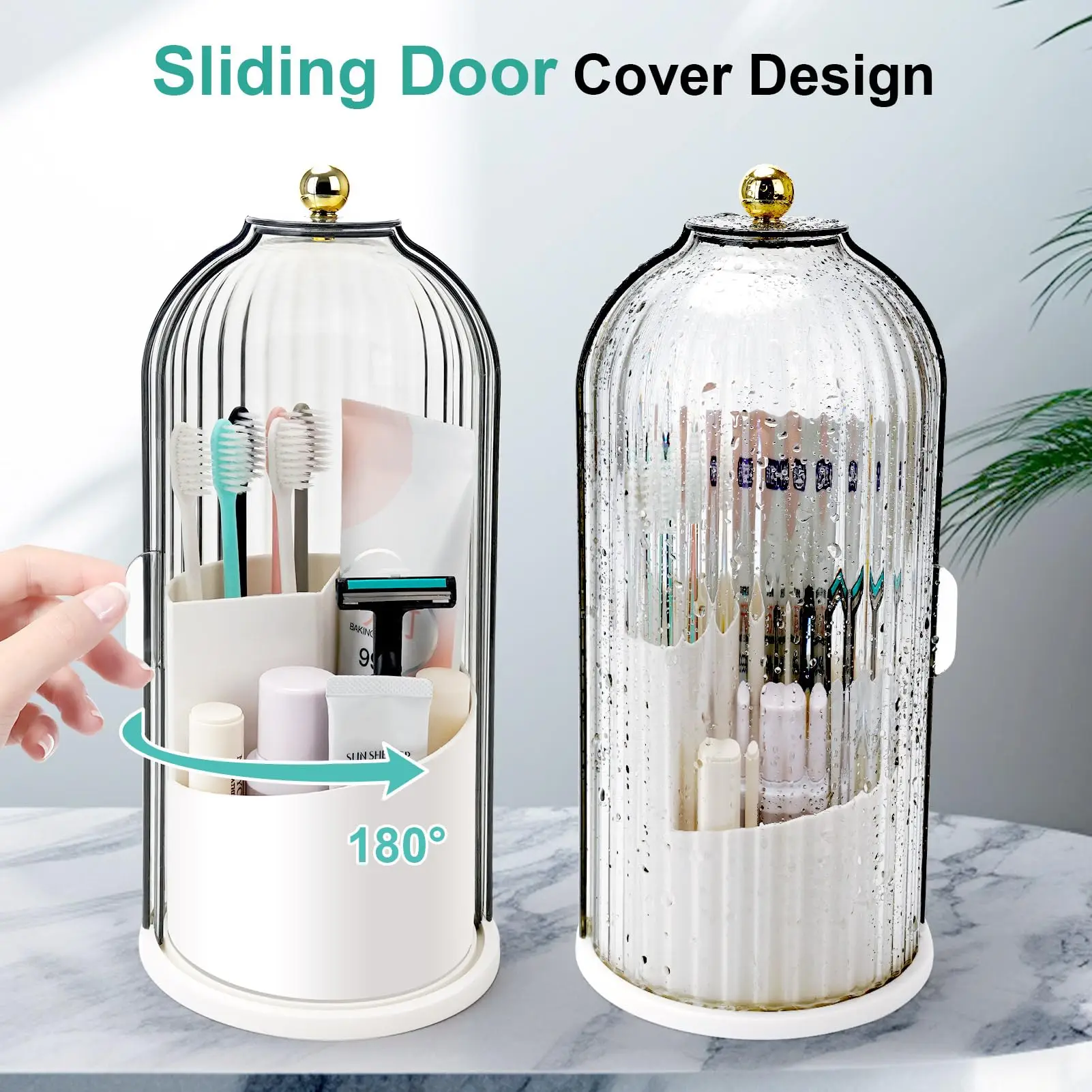 Toothbrush Holders With Sliding Lid Rotating 3 Slots Bathroom Organizer Countertop