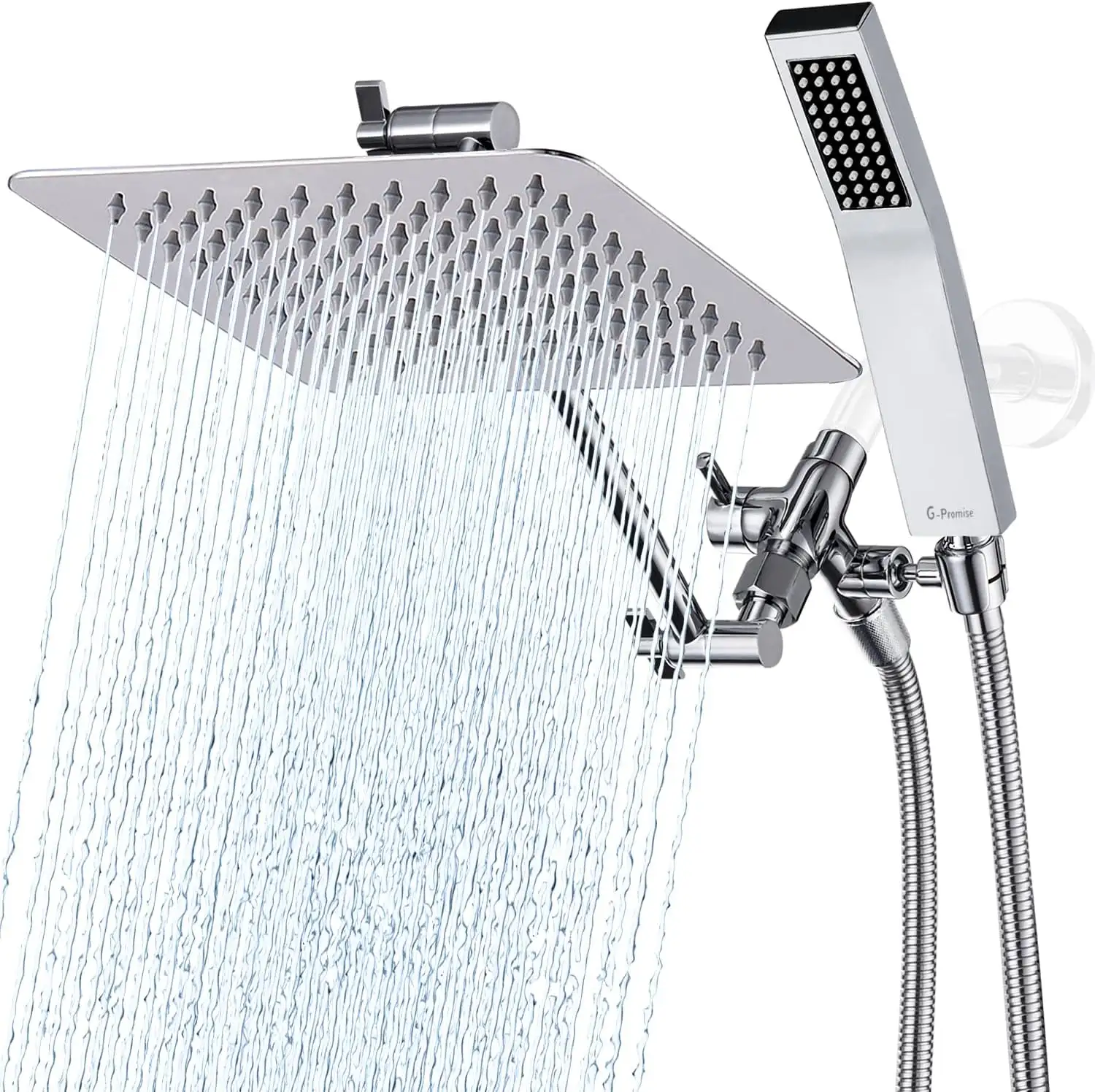 Dual Square Shower Head with Handheld Spray Adjustable Arm and Long Hose