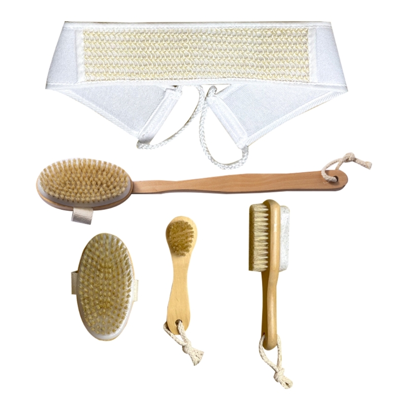 5pieces Natural Bristle Bath Brush Set Exfoliating Promote Blood Circulations Massage Brush Wooden Body Dry Brush