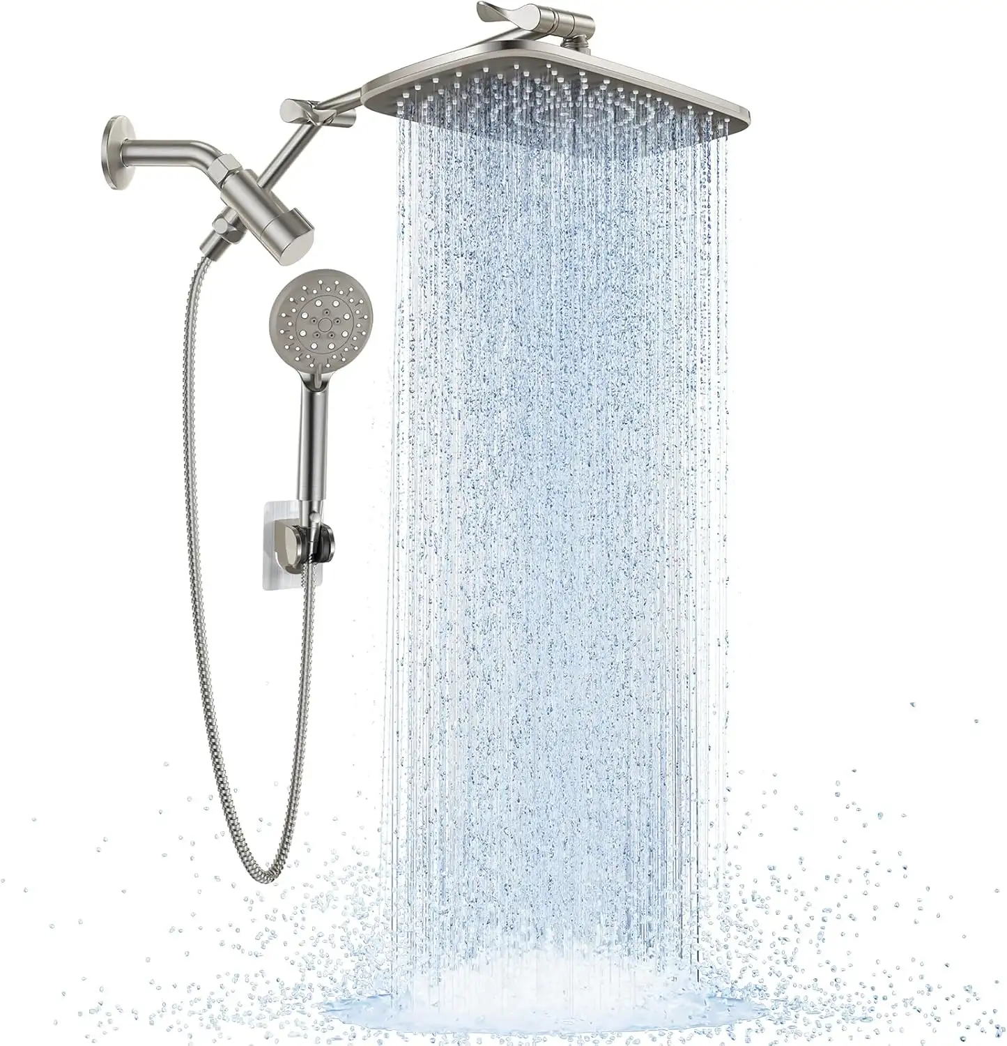 Wide Brushed Nickel Rain Shower Head with Handheld High Pressure Rainfall Combo and Adjustable Arm for Bathroom