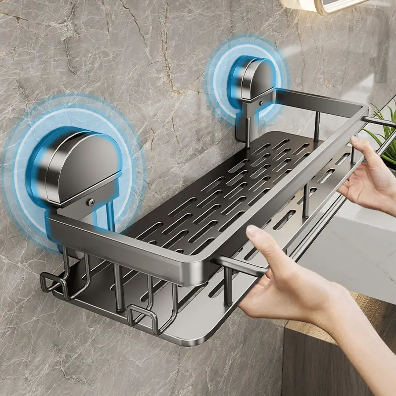 Suction Cup Bathroom Shelf No Drill Wall Mounted Shampoo Shower Room Rack Toilet Storage Holder With Towel Bar Hooks