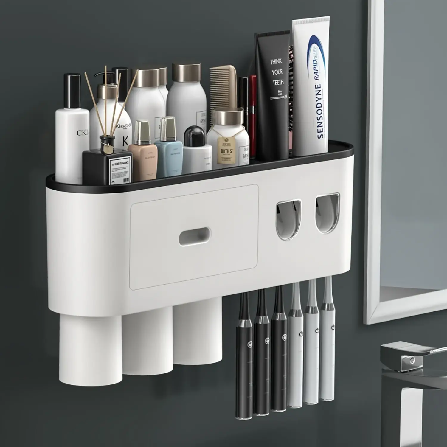 Wall Mounted Toothbrush Storage With Dual Automatic Toothpaste Dispenser