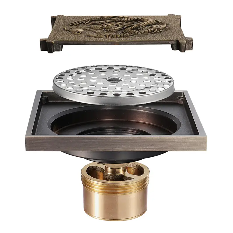 Antique Carved Brass Floor Drain Square Shower Dra...