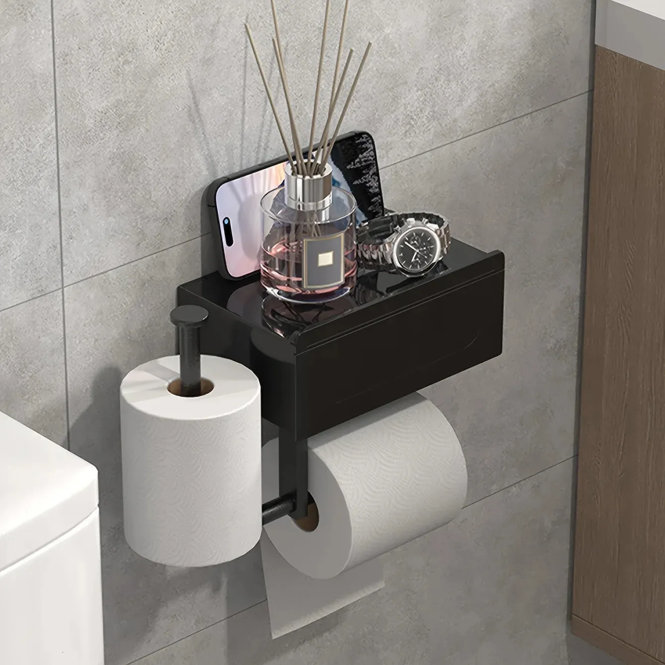 Wall-Mounted Toilet Paper Holder With Shelf, No Drilling Required.
