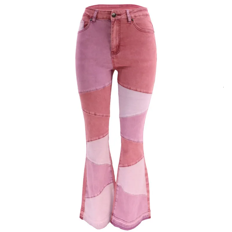 Women Elastic Denim Wide Leg Fashionable Patchwork Jeans