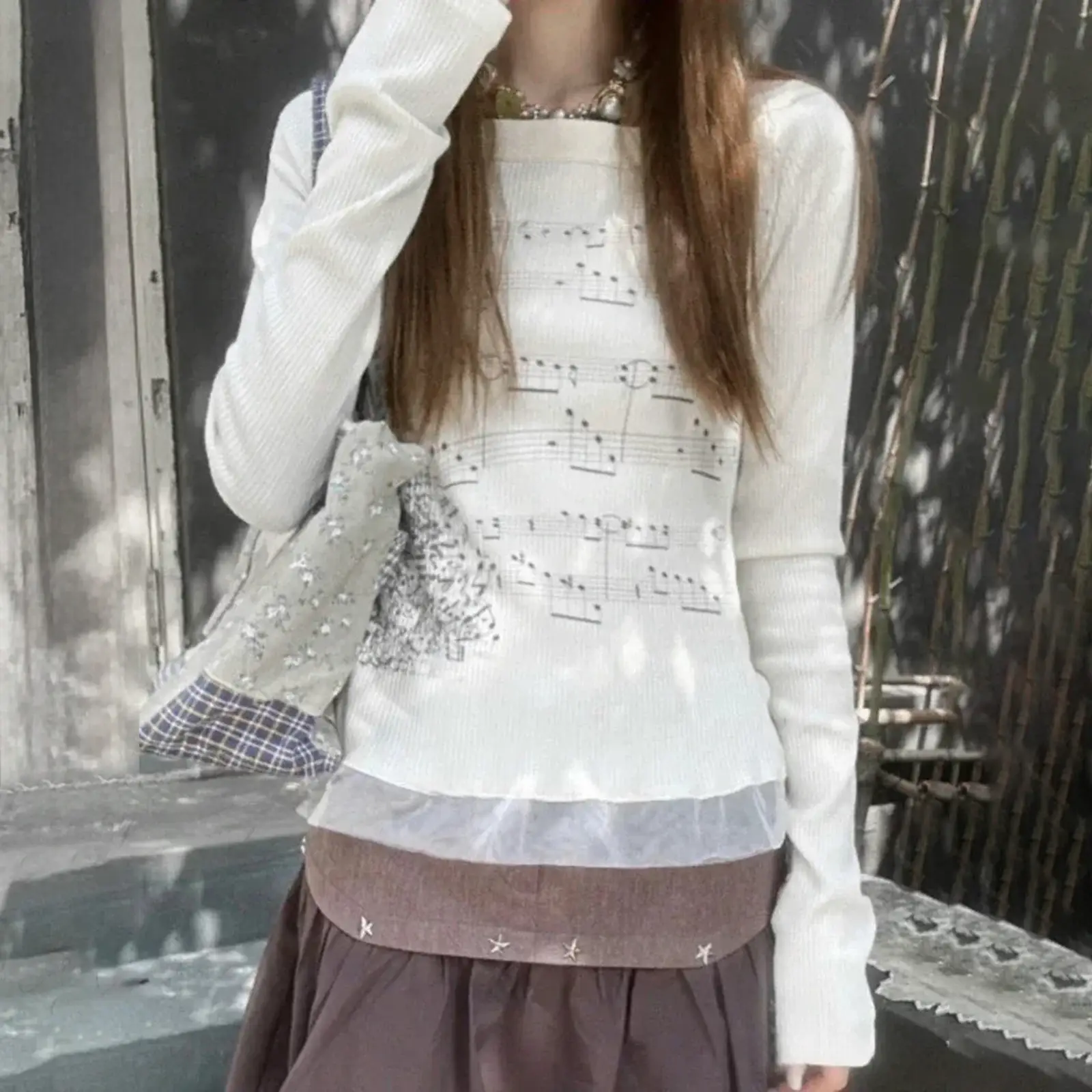 Women's Long-Sleeved Crew Neck T-Shirt With Musica...