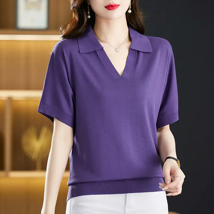 Women's Pullover Polo Neck Solid V-Neck Batwing Sh...