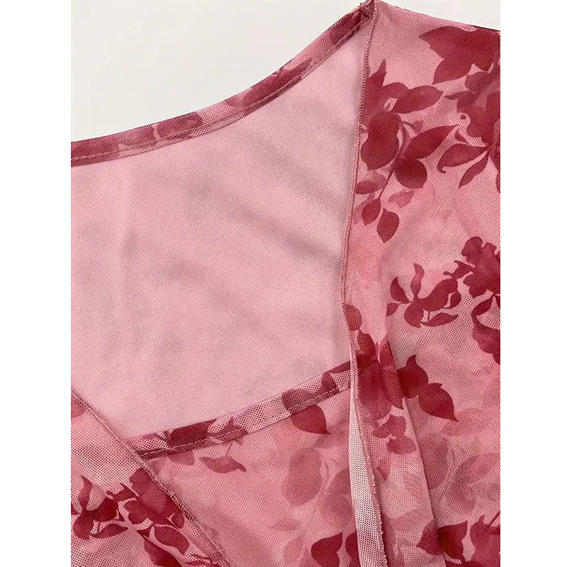 Sweet Printed V-Neck Mesh Top With Flared Sleeves And Square Neck