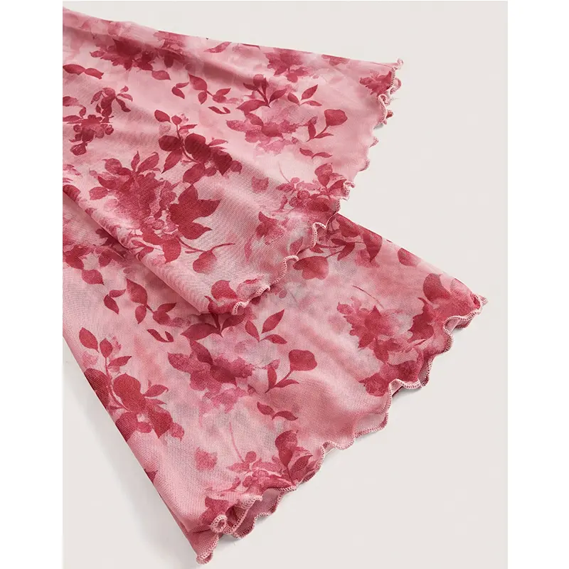 Sweet Printed V-Neck Mesh Top With Flared Sleeves And Square Neck