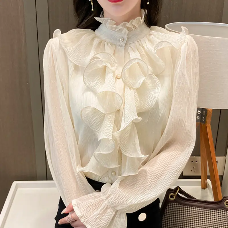 Retro Ruffled Lace Blouse For Women Long Sleeve