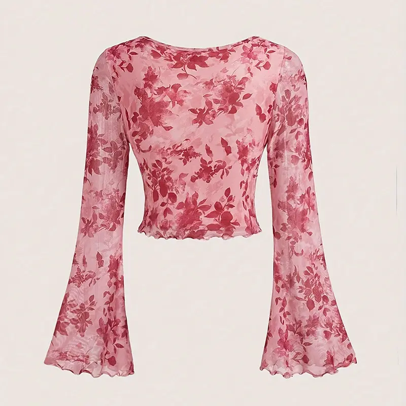 Sweet Printed V-Neck Mesh Top With Flared Sleeves And Square Neck