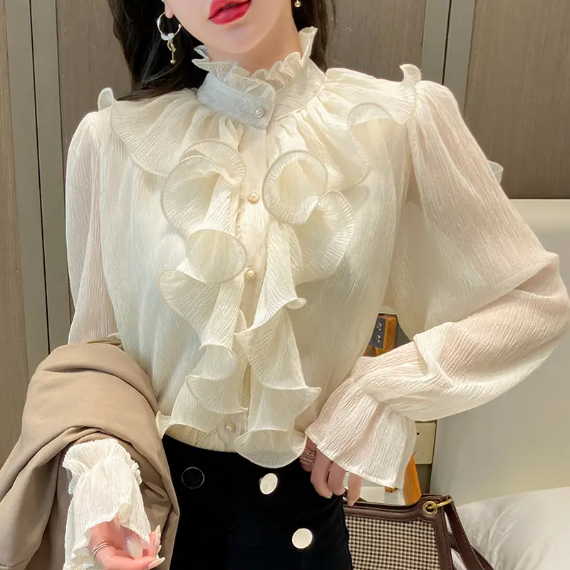 Retro Ruffled Lace Blouse For Women Long Sleeve