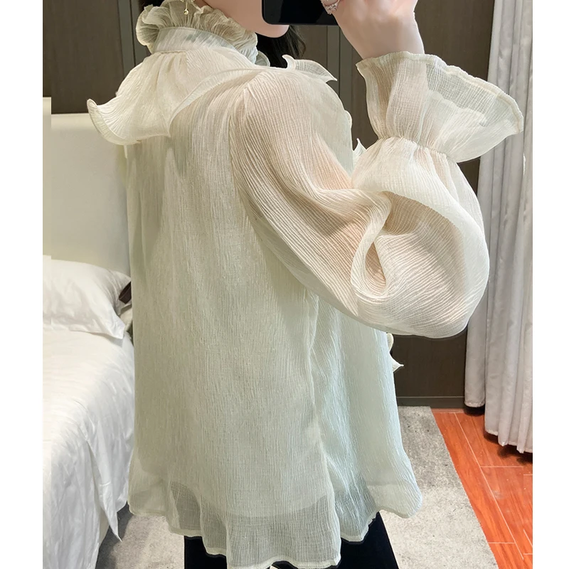 Retro Ruffled Lace Blouse For Women Long Sleeve