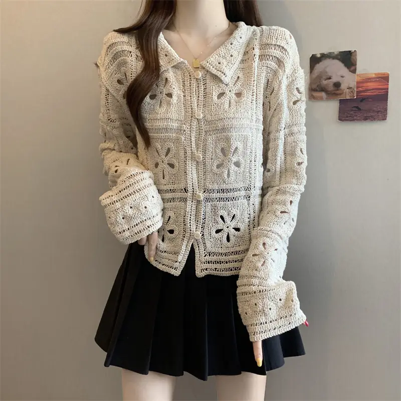 Women's Crocheted Long-Sleeved Hollow-Out Floral Collar Button-Up Top