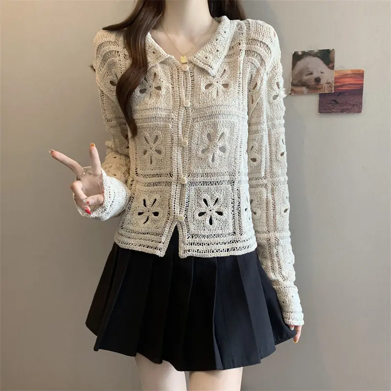 Women's Crocheted Long-Sleeved Hollow-Out Floral C...