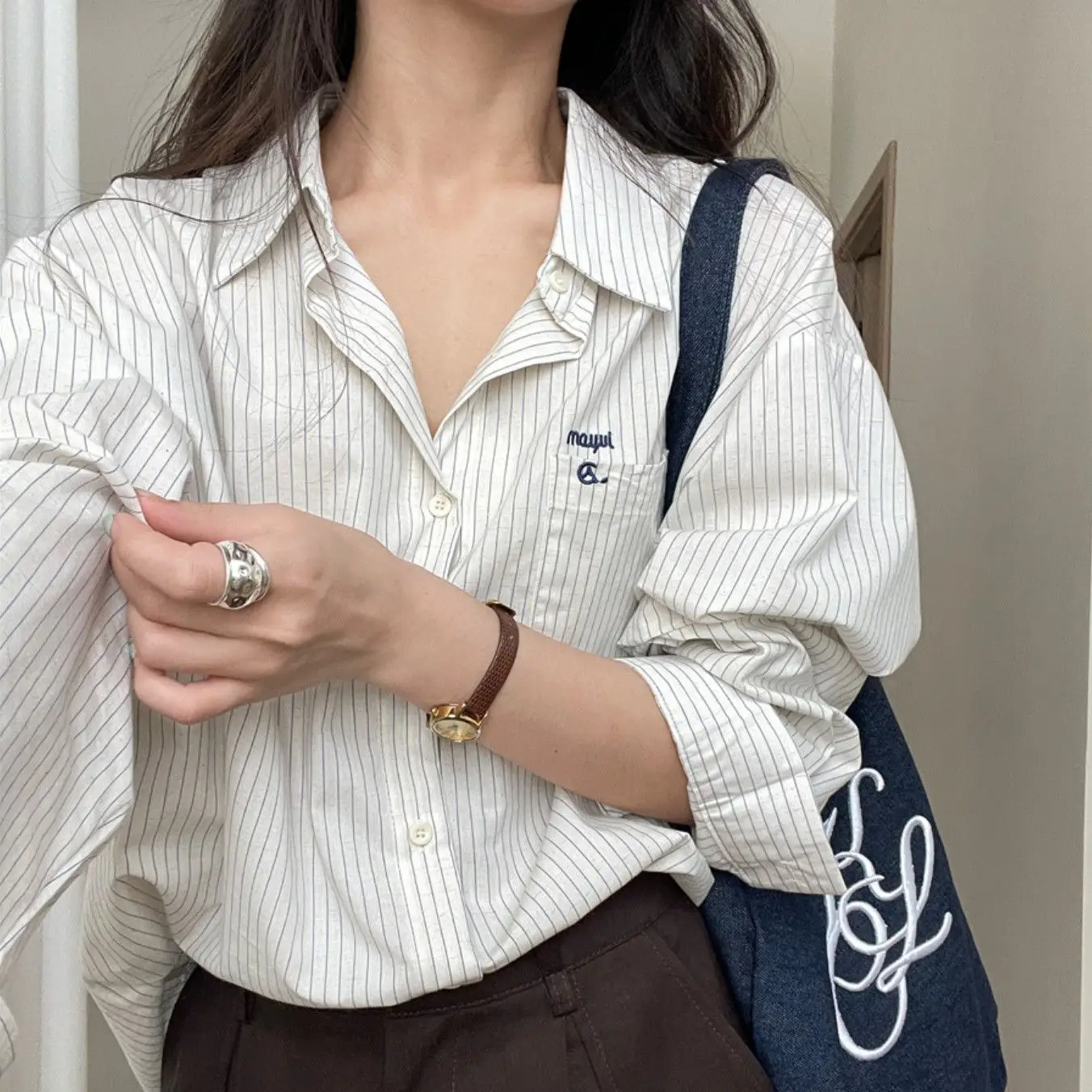 Casual Striped Long Sleeve Shirt Versatile Basic T...