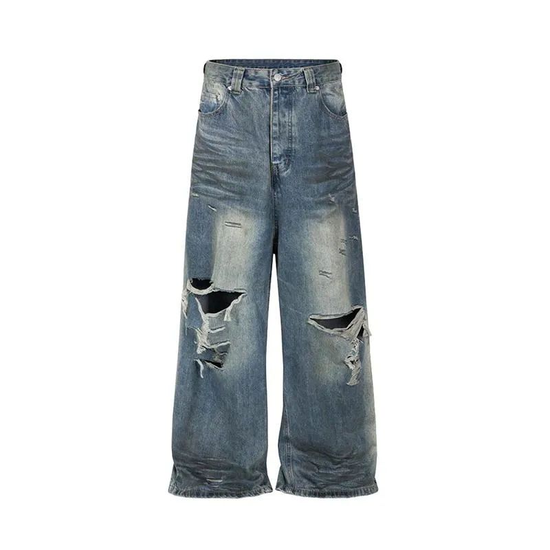 Men Frayed Damaged Hole Baggy Wide Leg Jeans