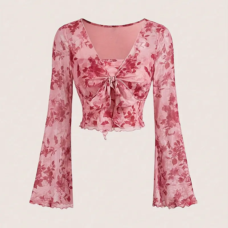 Sweet Printed V-Neck Mesh Top With Flared Sleeves ...