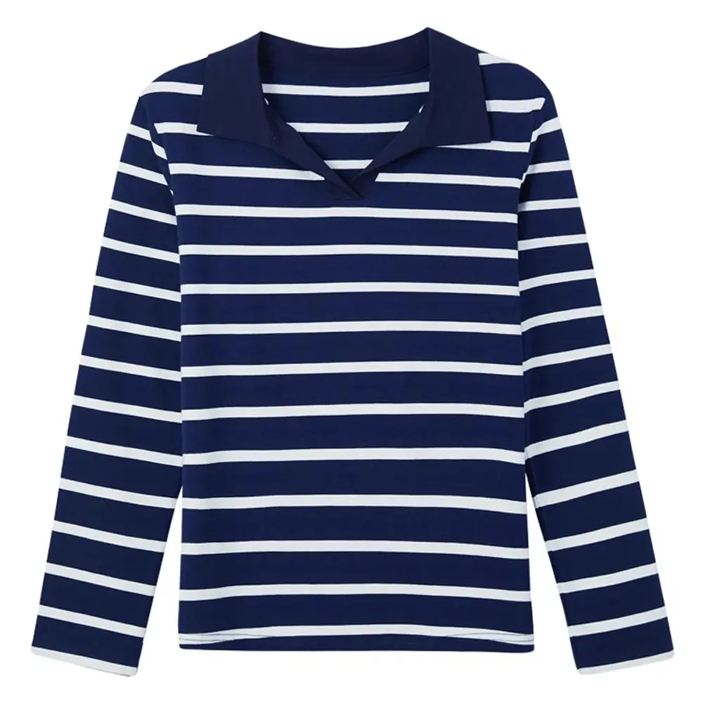Striped Collared Long-Sleeved T-Shirt Loose And Casual