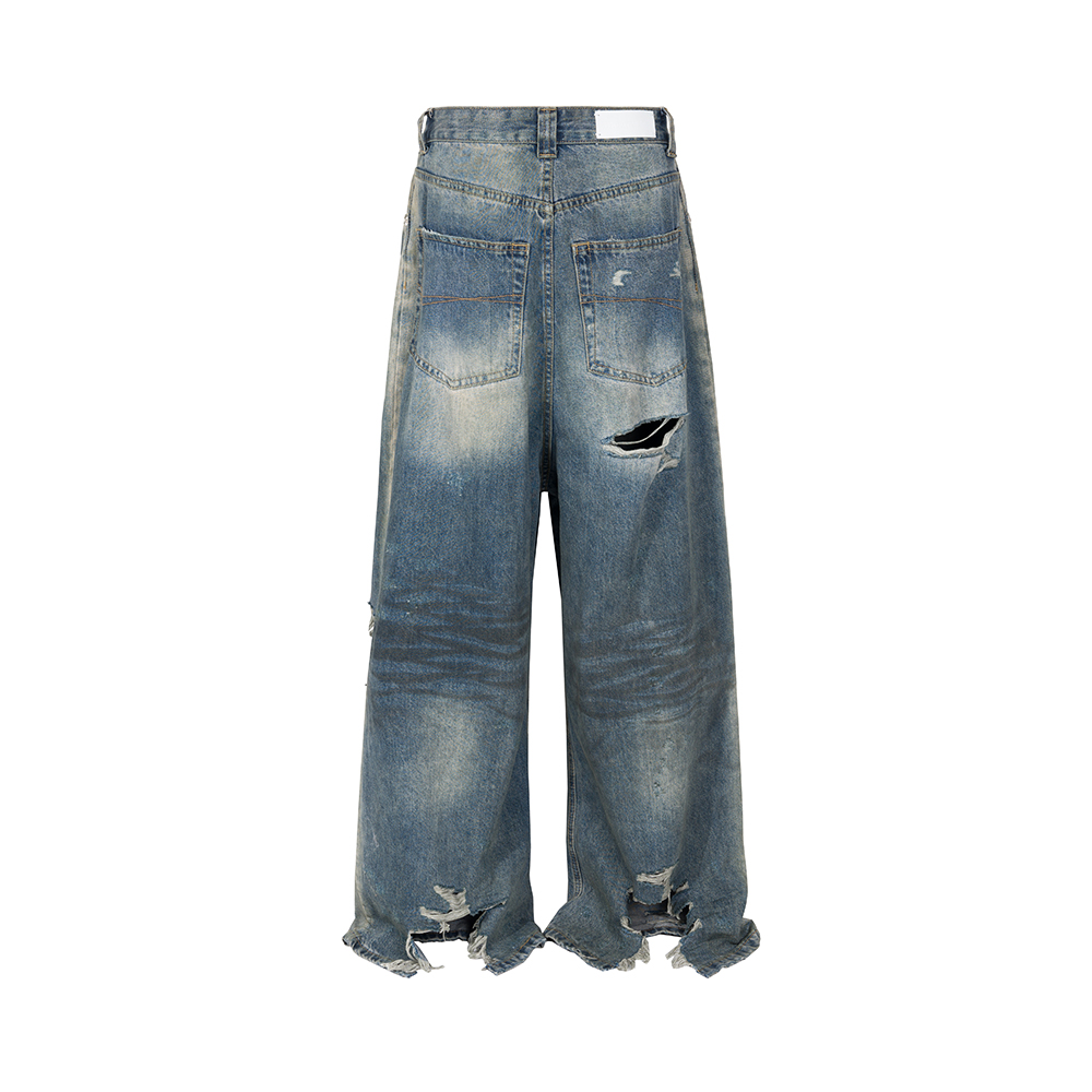 Men Frayed Damaged Hole Baggy Wide Leg Jeans