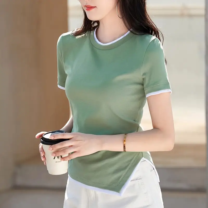 Women's Short Sleeve Spliced Slim Fit Irregular Fa...