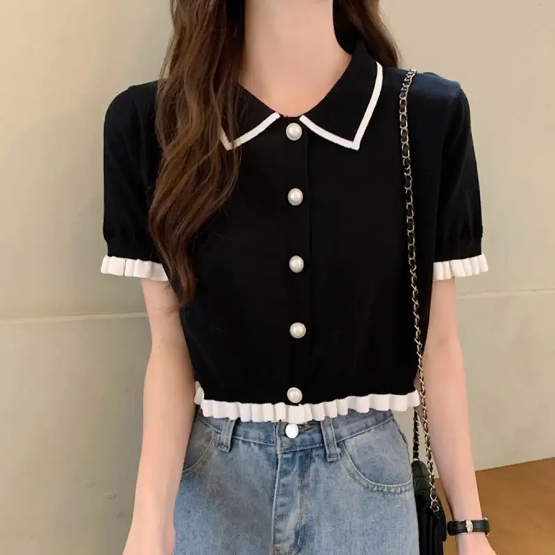 Knitted Collared Short-Sleeve Women's Shirt Retro ...