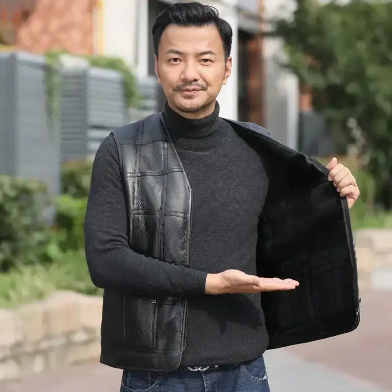 Autumn Winter Men's Leather Vest Men's Thick Warm Sheepskin Vest Wool Fleece Sleeveless Coats