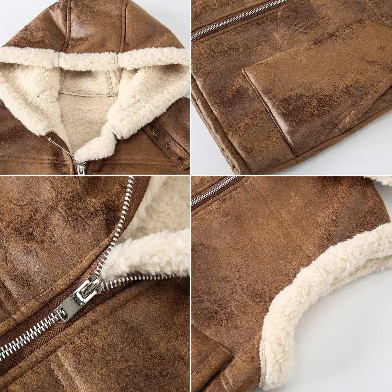 Winter Men's Fleece Warm PU Leather Vests Classical Men Faux Fur Motorcycle Leather Vests Men Windbreaker Hooded Vests