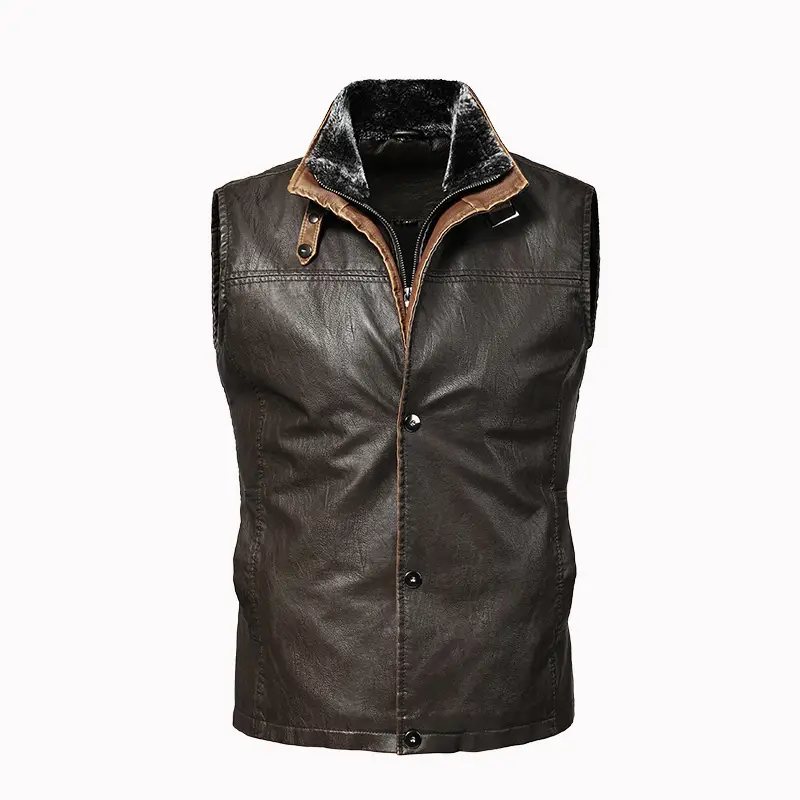 Man Leather Vest Fashion Vintage Stand Collar Zipp...