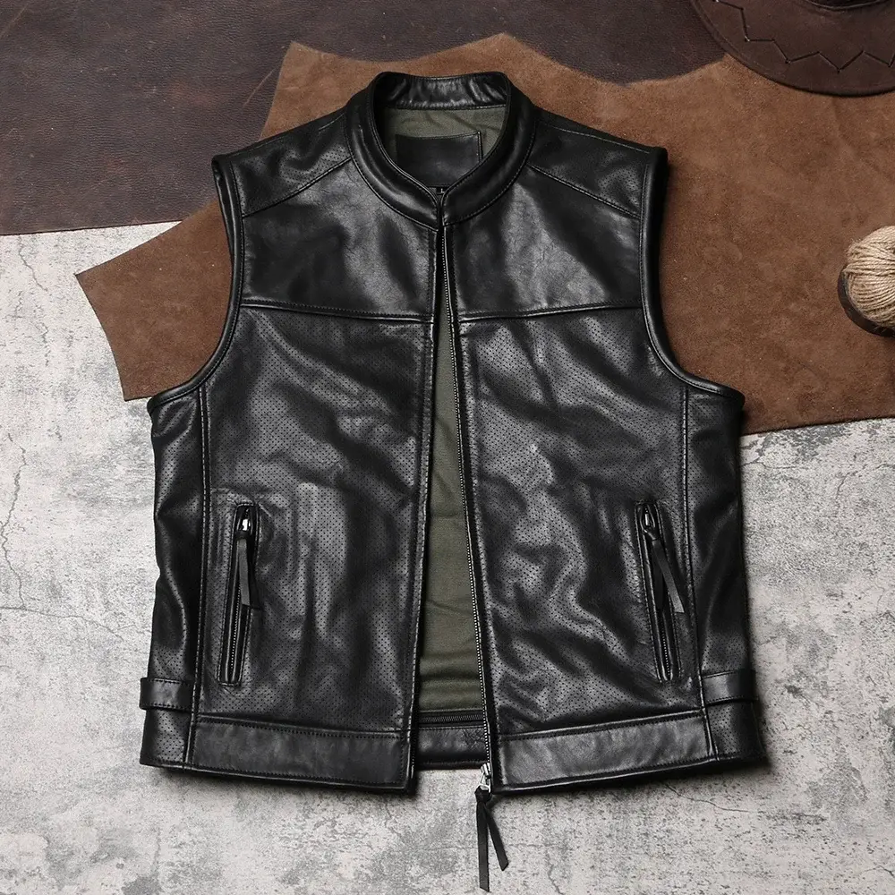 Men's Leather Vest Riding Leather Vest Mesh Perforated Top Layer Leather Vest
