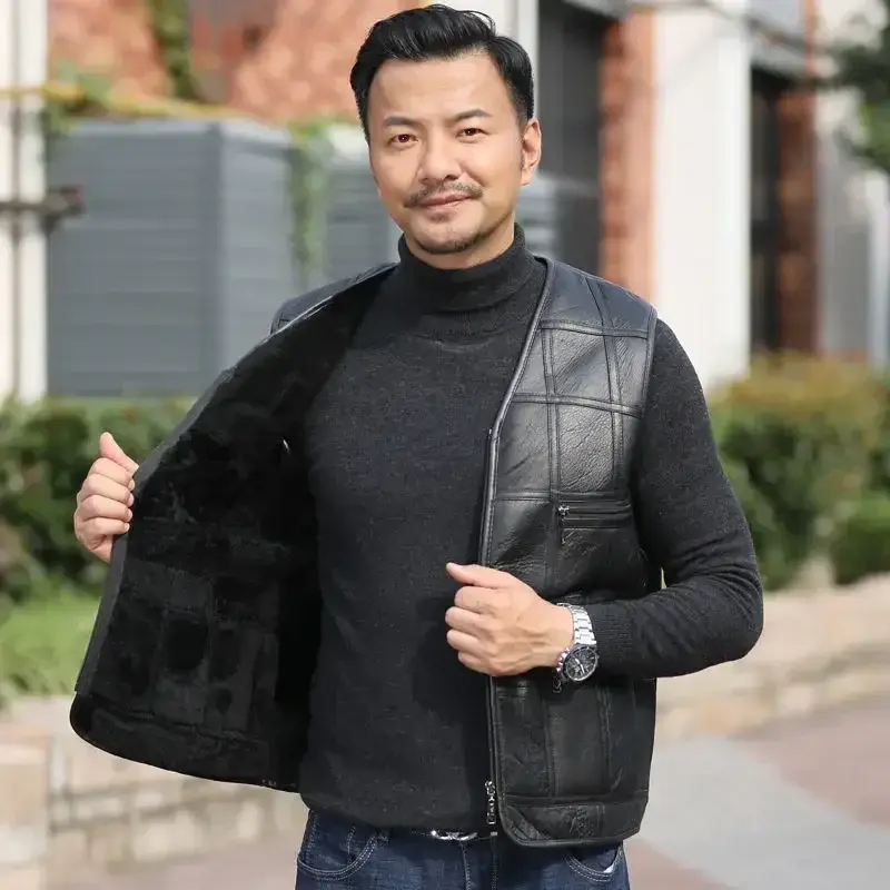 Autumn Winter Men's Leather Vest Men's Thick Warm Sheepskin Vest Wool Fleece Sleeveless Coats